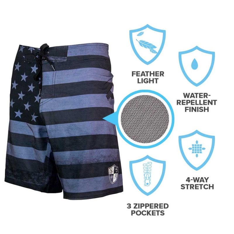 Board Shorts | Blackout American Flag | Silver SA Shield – Alpha ...