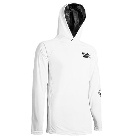 Hooded Performance Long Sleeve Shirt | White | Inner Hood Blackout American Flag