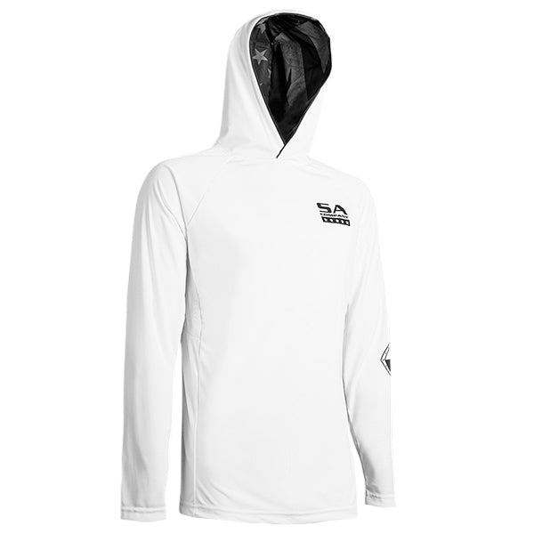Hooded Performance Long Sleeve Shirt | White | Inner Hood Blackout American Flag