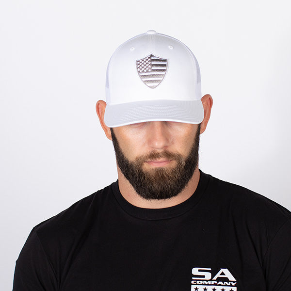 Snap Back Hat | White | American Flag Shield