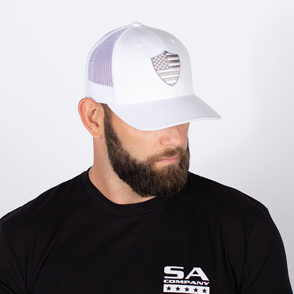 Snap Back Hat | White | American Flag Shield