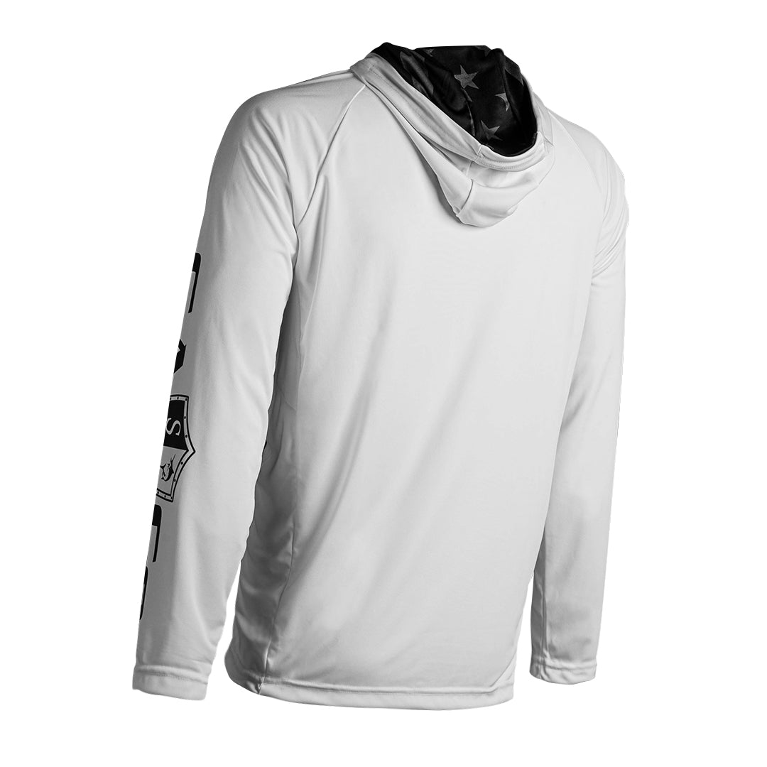 Hooded Performance Long Sleeve Shirt | White | Inner Hood Blackout American Flag